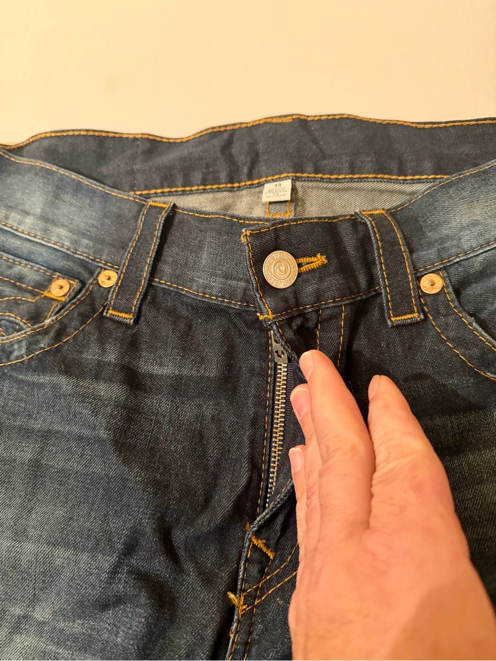 True Religion Ricky Big T Jeans 33x34 Blue Thick Stitch Flap Pockets Made In USA - Picture 6 of 16